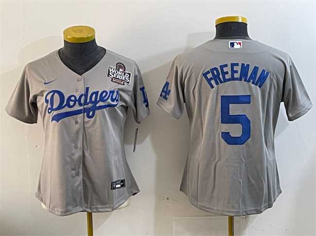 Womens Los Angeles Dodgers #5 Freddie Freeman Grey 2024 World Series Cool Base Stitched Jersey(Run Small)